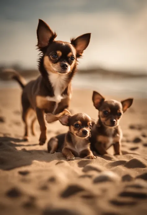 Brown female chihuahua with three puppies playing on a beach