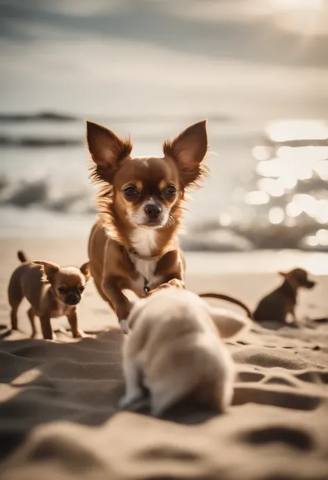 Brown female chihuahua with three puppies playing on a beach