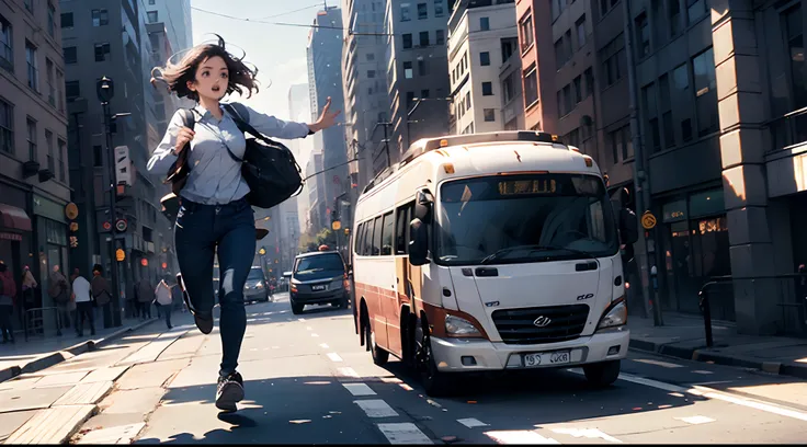 a female is chasing after a bus, she is running, try to catch break she missed.