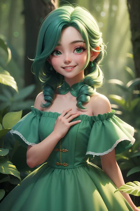 Estilo 3DMM, (obra-prima, melhor qualidade), detalhes intrincados, 1girl, sozinho, cabelo verde, grampo de cabelo flor, vestido verde, olhando para o espectador, Sympathetic smile, in an ethereal fantasy forest!