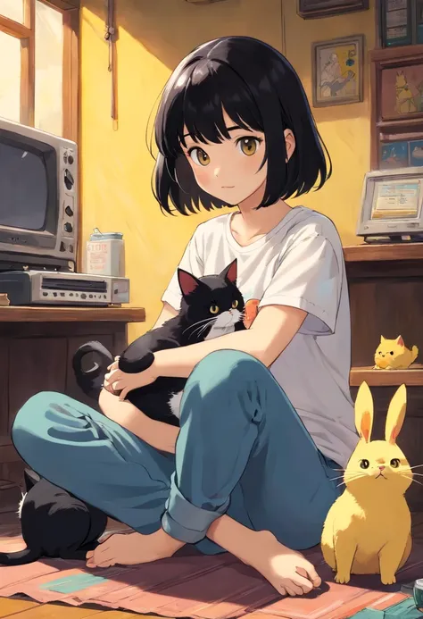 estampa de camisa: Girl with black hair and bangs with baggy pants listening to music along with her black and white cat and holding a yellow chicken puppy. The T-shirt is black