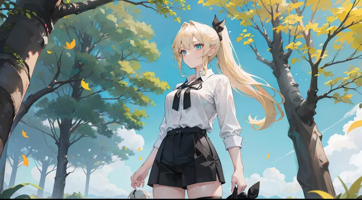 An 18 year old woman with blond hair, turquoise eyes, large breasts, hair in a ponytail with a black ribbon tied in the back.  Wear a white shirt and black shorts.  Standing under a tree with falling leaves