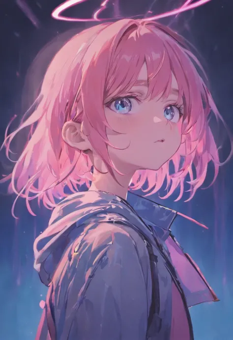 (Best Quality,4K,8K,hight resolution,masutepiece:1.2),Ultra-detailed,(Realistic,Photorealistic,Photorealsitic:1.37),Cyberpunk,Combat uniform with light pink and light blue as the main colors,headphones,Cool,Looking up at the sky,Slightly open mouth,Approxi...