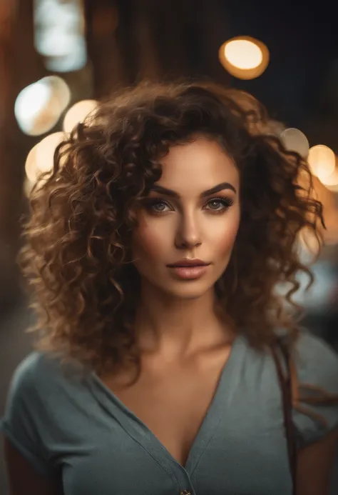 (sharp focus:1.2), photo, attractive young woman, (beautiful face:1.1), detailed eyes, luscious lips, (cat eye makeup:0.85), (large eyes:1.0), (toned body:1.2), (curly hair:1.2), (big booty:1.4), wearing (romper:1.2) on a (street:1.2). (moody lighting:1.2)...