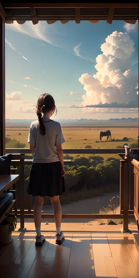 realisitic，, I see big clouds in the distant sky、African Savanna Plains、Wide View、11 year old girl watching from a distance