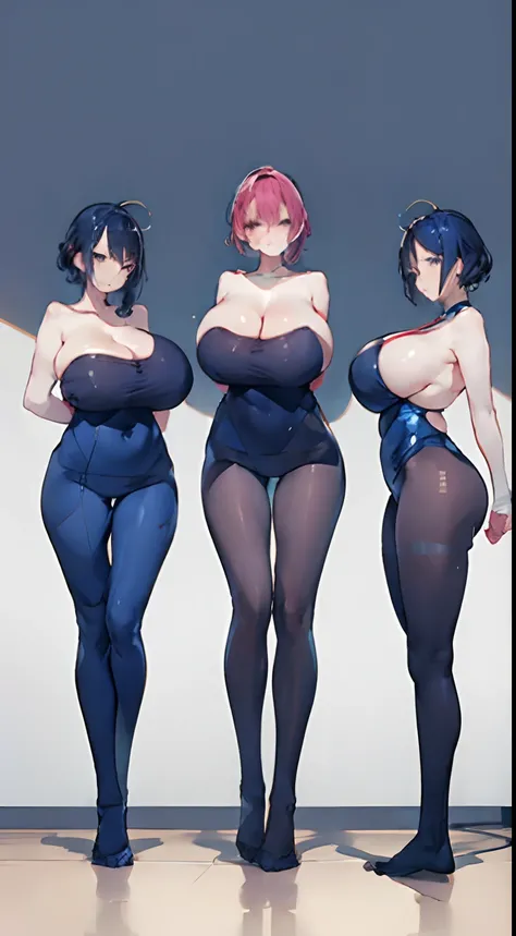 full bodyesbian，Three beauties，Stand in a row，One-piece tights，Conjoinment，Blue latex set，Standing on the ground，huge tit，Slim，long leges，Stand up straight，nothing background，Slim，extra long leg，The iron is inserted into the lower body，Exhibited，Mannequin，