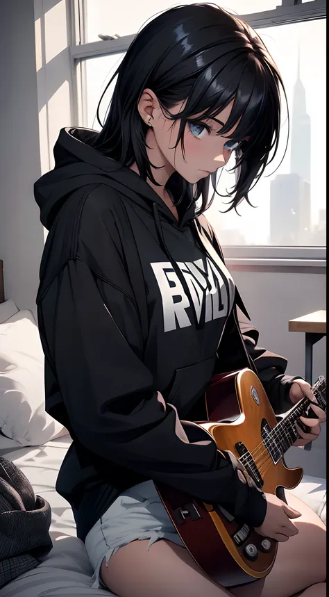 masterpiece, best quality, 1girl, a emo girl playing a eletrci guitar, guitar, sensual, music, instrumental , cute girl, cute, cozy, dramatic light, beautiful lights,4k, gorgeous, cinematic, sitting in the bed, bedroom, black hair, hoodie, artistic,sadgirl...