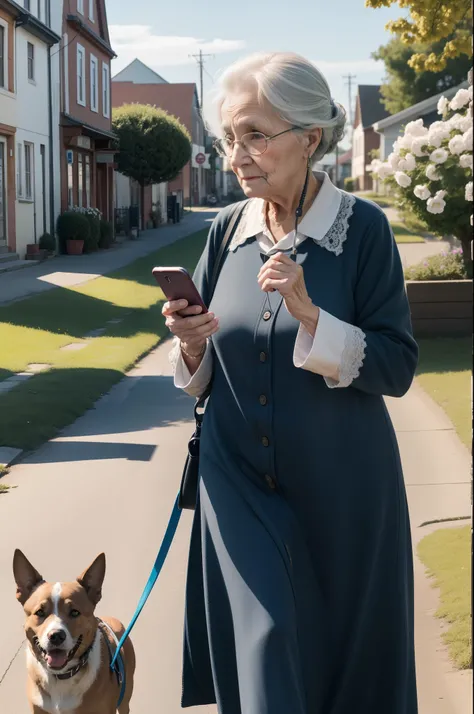 Close up of a very old lady speaking to her smartphone, while walking the dog. Small town as background. Spring clear morning. Highly detailed.