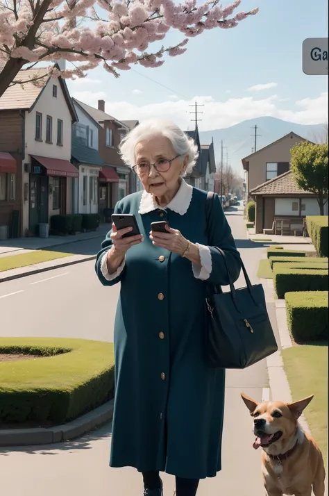 Close up of a very old lady speaking to her smartphone, while walking the dog. Small town as background. Spring clear morning. Highly detailed.