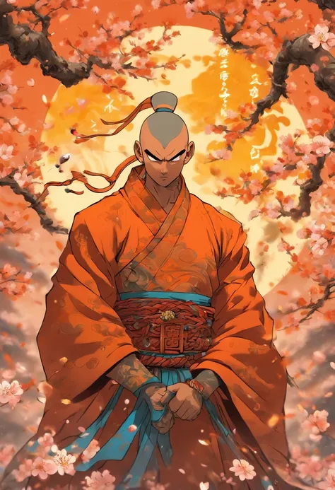 A brave and powerful shaolin monk warrior, bald head, blue eyes, wearing highly detailed traditional shaolin monk robes and prayer beads, tons of tattoos and piercings, wielding a golden battle staff, cherry blossoms blowing in the wind, highly detailed ba...