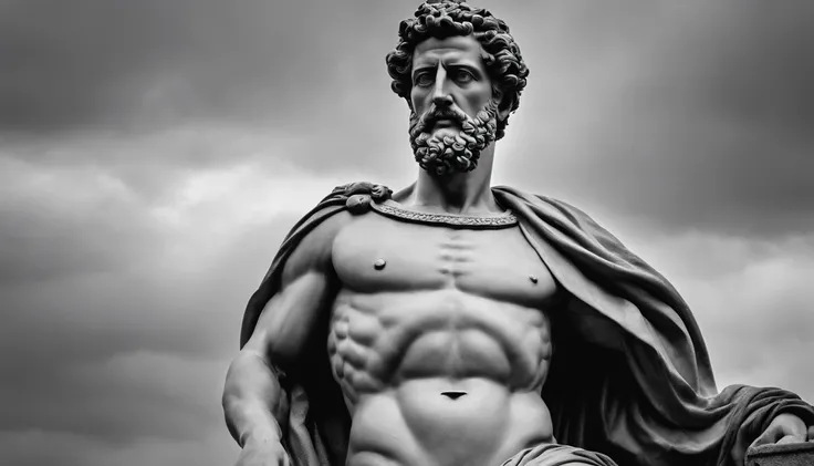 a portrait statue of the stoic Marcus Aurelius in black and white 4K,corpo todo ,forte,musculoso,sem camisa, corpo inteiro