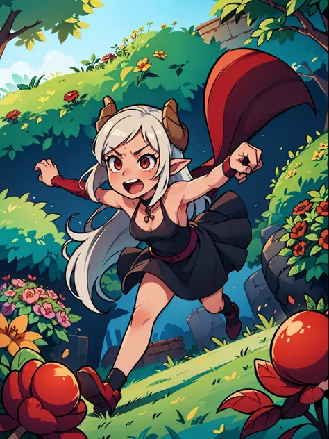 1girl ,solo,10 year,stanned skin,solo,serious,open mouth,((black dress)),small tits,white hair,medium hair,red eyes,elves ears,black horns,an outstretched hand,Detailed,(((running on the garden))),