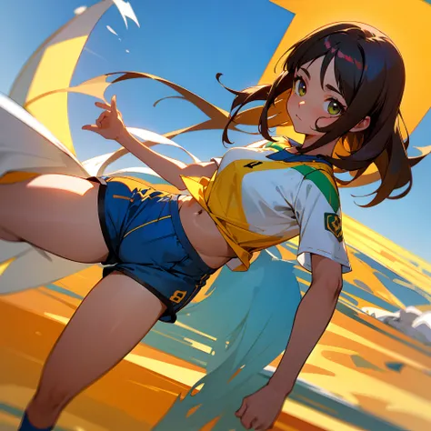 1girl, menina anime, rosto bonito, beleza latino americana, cabelo cacheado, pele bronzeada, Marquinha de fita, Brazil national football team, amarela, with short jean shorts and flawless white sneakers. Notavelmente, A Parafal is prominently displayed on ...