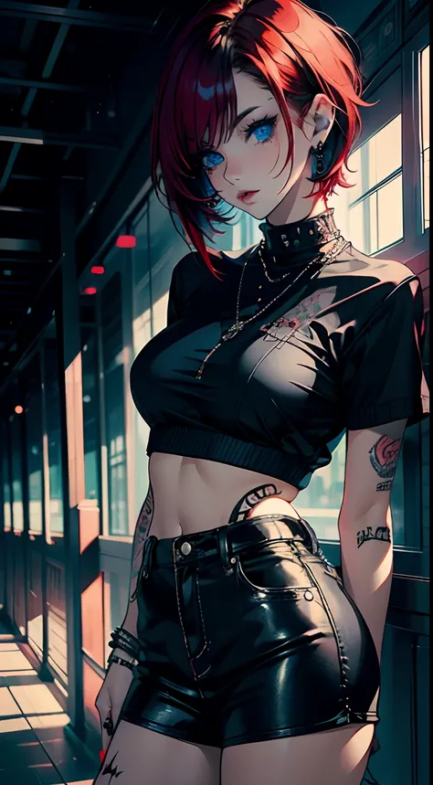 (masterpiece), best quality, emo, emo girl,sadgirl, red hair,cute, tatto, close up,short hair, blue eyes, black clothes, sensual, glowing eyes, asthetic,style, stylish, piercing, happy,naughty, mischevious