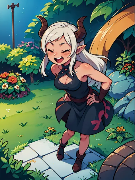 1girl ,solo,10 year,stanned skin,smilling,happy,open mouth,((black dress)),,white hair,medium hair,closed eyes,elves ears,black horns,hidden arms,Detailed,(((standing on the garden))),