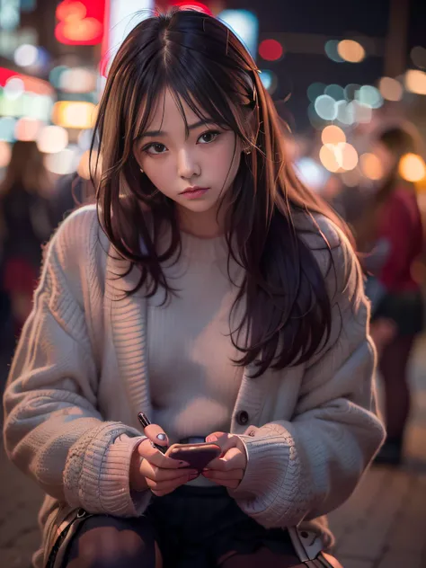 woman in red sweater looking at mobile phone on city street, checking her phone, she is holding a smartphone, checking her cell ...