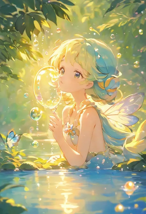 (best quality,4k,highres),ultra-detailed, realistic,portrait,soft lighting, dreamy colors,nymph,peaceful lake scene,detailed rendering,blowing bubbles,magical effects,wishes,reflection of sunset.

This is the drawing prompt I generated：

"A breathtaking sc...