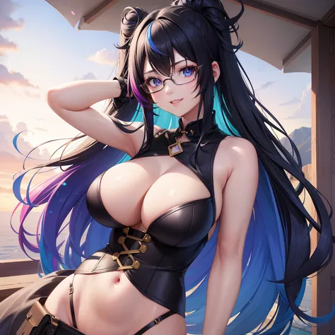 Gamer Girls、teens girl、smil、eye glass、multicolored hair、Colossal tits、long、top-quality、​masterpiece、high-definition picture、超A high resolution、Beautuful Women、Excellent style、a beauty girl、hyperdetailed face、