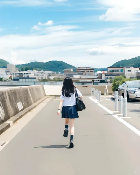 Alafed woman walking down the street with purse and backpack, walking away from camera, Anime style mixed with Fujifilm, portrait of a japanese teen, walking away from camera, zora々Shishi Japan of Girls, wearing japanese school uniform, in a sunny day, You...