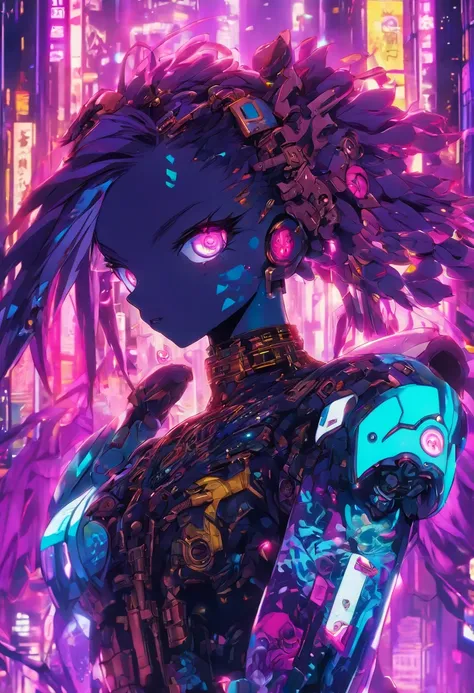 The most beautiful and sexy cyberpunk girl, purple hair, yellow eyes, dark skin, wearing highly detailed futuristic battle armor, futuristic mechanical angel wings, tons of tattoos and piercings, cherry blossoms blowing in the wind, highly detailed backgro...