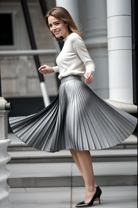 very (flirty:1,8) smiling good woman wearing short blazer and very very detailed (long (fully pleated) full circle skirt) and (s...