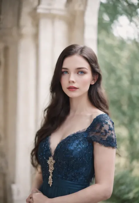 woman around 19 years old, woman with slightly pale skin, electric blue eyes, pink lips, long and slightly wavy black hair, loose black hair, dress with a deep light blue neckline with white sparkles, background hallway of a well-lit castle