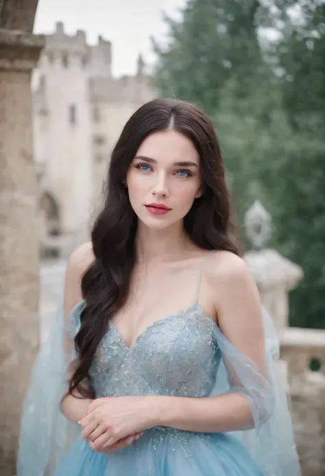 woman around 19 years old, woman with slightly pale skin, electric blue eyes, pink lips, long and slightly wavy black hair, loose black hair, dress with a deep light blue neckline with white sparkles, background hallway of a well-lit castle