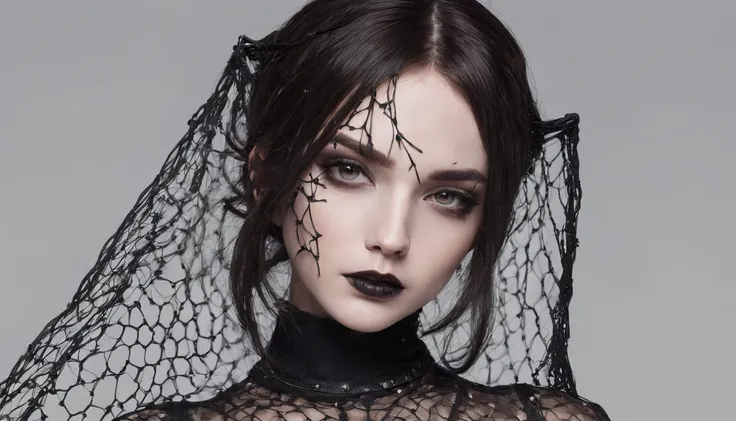 Girl with gothic net symbolic clothes, 。.。.com (Barbed wire of the body) brunette color hair，Gray hair ends