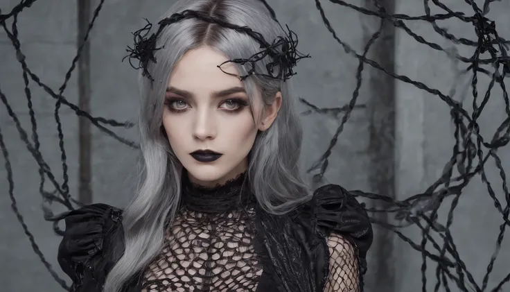 Girl with gothic net symbolic clothes, 。.。.com (Barbed wire of the body) brunette color hair，Gray hair ends