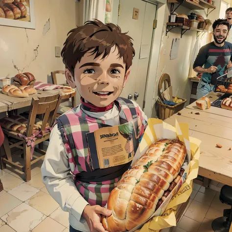 Um Menino, 3 anos de idade, (((cabelos castanho))), com roupas brancas e avental, Feliz, holding a loaf of bread