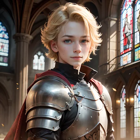 a blond kid wearing knight armor, happy face expression, realistic stained glass art --auto --s2