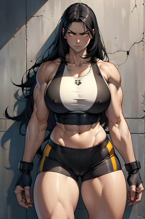 solo, ((1 girl)), very long hair, black hair, angry, yellow eyes, ((((muscular)))), ((huge tits)), ((thick thighs)), ((wide hips)), (cowboy shot), pale skin, tank top, bike shorts, standing, toned body, against wall