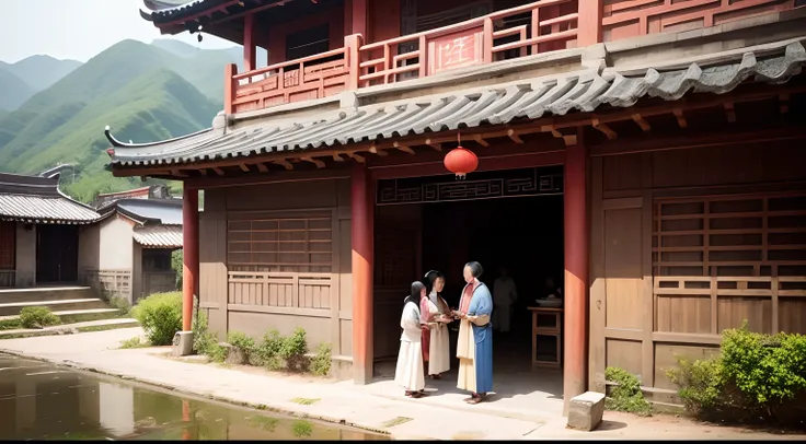 people of a small Chinese village living in harmony, talking, happy