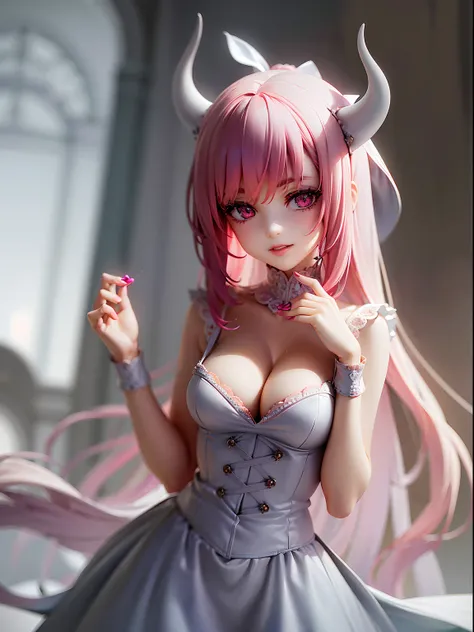 highres, ultra detailed, (1 young beautiful girl, solo:1.1),elegant style, white clothing, white lace, corsets, velvet, chokers, dramatic makeup, brooding accessories, mysterious aura, devil horn, pink hair, large breasts, (seductive smile), devil wing