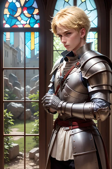 a stained glass portraying a blond boy wearing knight armor --auto --s2