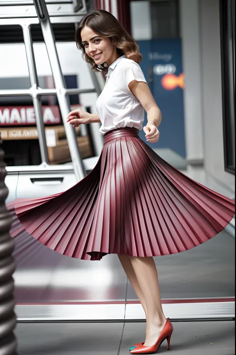 very (flirty:1,8) smiling good woman wearing short blazer and very very detailed (long (fully pleated) full circle skirt) and (s...