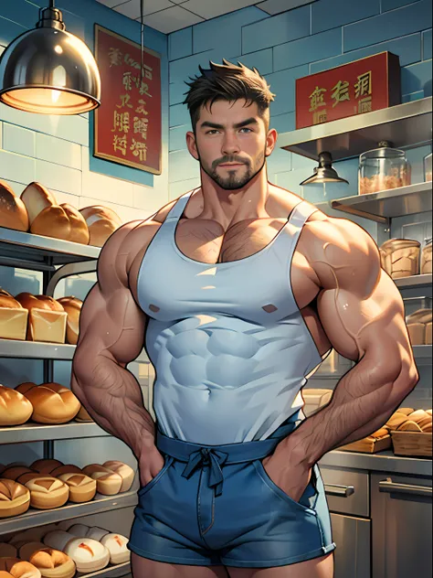 30 years old, big eyes, Chinese male, stubble, white inch, huge muscles, exaggerated muscles, mature man, muscle swelling, bodybuilding, pectoral muscles, abs, in a bakery, lots of bread, short sleeves, apron, baker, denim shorts, natural light, wet body, ...