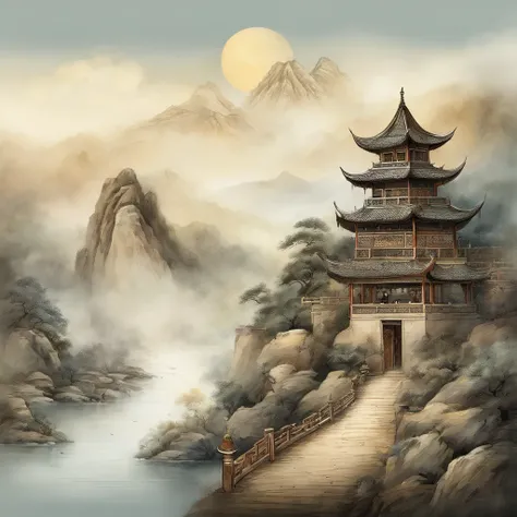 An ancient Chinese painting, ancient Chinese background, mountains, rivers, auspicious clouds, pavilions, sunshine, masterpieces, super detail, epic composition, ultra HD, high quality, extremely detailed, official art, unified 8k wallpaper, Super detail, ...