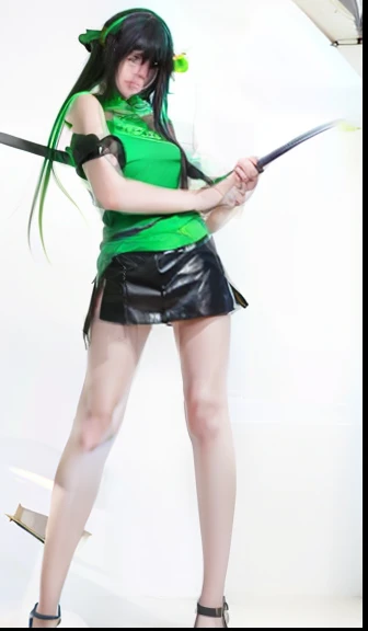 1girl, holding a sword, nel bleach, green T-shirt, torn t-shirt, green skirt, torn skirt, stand, flawless skin, big tits, milk nipple, serious expression, long hair, green hair, hair blown by the wind, sexy body, asian skin,