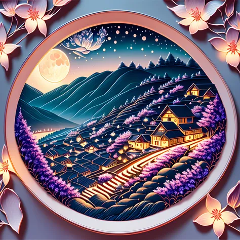 super high image, super detail, super high resolution, midnight, many lilies and cherry blossoms illuminated by moonlight on the hill of the town, landscape painting, delicate and detailed composition, professional lighting