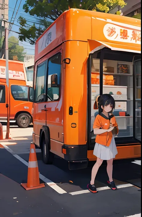 anime girl standing behind of a orange sushi truck