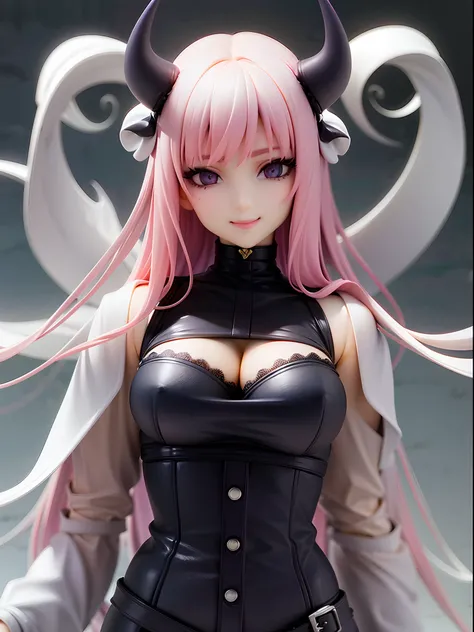 hight resolution, ultra-detailliert, (1 young Beautiful girl, Solo:1.1),gothic styles, White clothing, White lace, corsets, velvet, a choker, Dramatic makeup, Dismal accessories, Mysterious aura, devil horn, Pink hair, Large breasts, (Seductive smile), Dev...