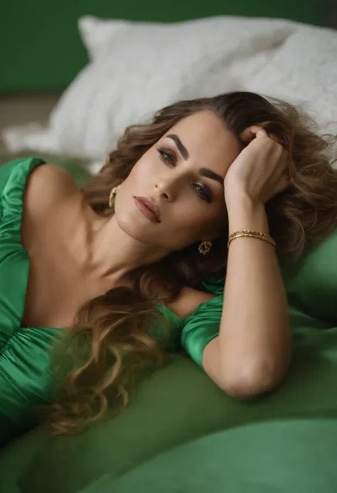 Mulher loira, rosto bonito, olhos verdes, foto de corpo inteiro, Lying in a sexual position on the floor, cabelos curtos, Light green background with luxury furniture