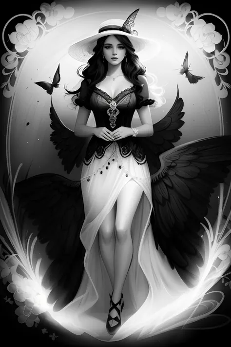 a black and white drawing of a woman in a dress and hat, exquisite digital illustration, beautiful gorgeous digital art, a beautiful artwork illustration, style of charlie bowater, sketch black and white colors, black and white coloring, in style of charli...