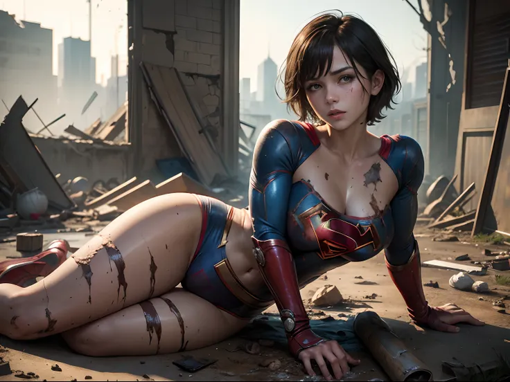 ​masterpiece、Short-haired Supergirl lying in a completely destroyed ruin、large full breasts、Looking at the camera、Glossy costume、Tattered costume、wounded、dreary atmosphere、Strange atmosphere、Crotch、Mud stains、bare-legged