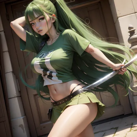 Nel bleach, high quality, high resolution, detail full body, detail eye, detail hair, detail tits, realistics, realistics girl, 1girl, holding a sword, green t-shirt, torn t-shirt, green skirt, torn skirt, stand, flawless skin, big tits, serious expression...