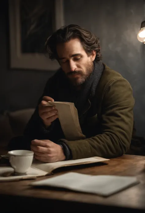 man reading a little paper and smiling curiously, has dark messy hair, has his head down while reading, wears winter attire, pixar animation style, watercolor, art season trend, sharp focus, studio photo, intricate details, highly detailed by greg rutkowsk...