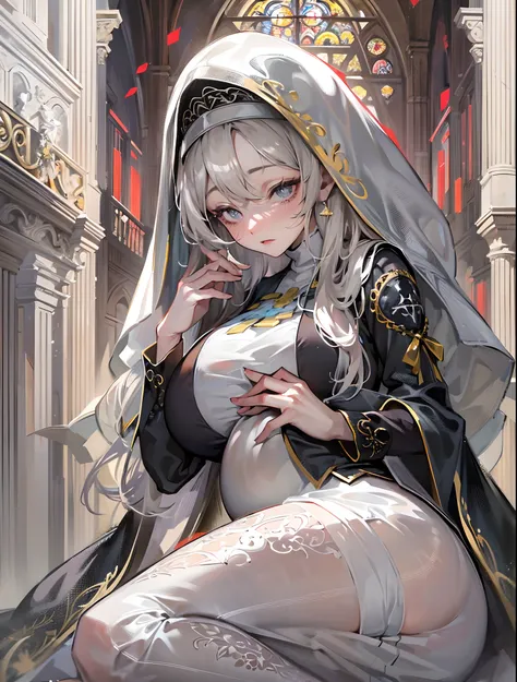 ((tmasterpiece))，(Best quality at best)，(A half body)，(ultra intricately detailed)，(Highest definition)，(8K)，(Clean lines)，(Perfect facial features，Perfect flesh)，(offcial art)，1girll，lewd nun，chies，(Pregnant women with)，((super gigantic breasts))，Kneel on...