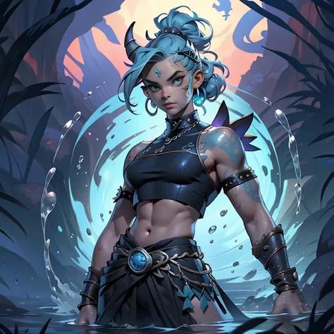 ((qualidade superior))、((tmasterpiece))、((foto de corpo inteiro de uma mulher))、((fundo muito simples))、(design de personagens do jogo)、amazon warrior，Primitive barbarian tribal style，The water element mixes with the clothes，((Azul cuirass bandeau))，umbigo...