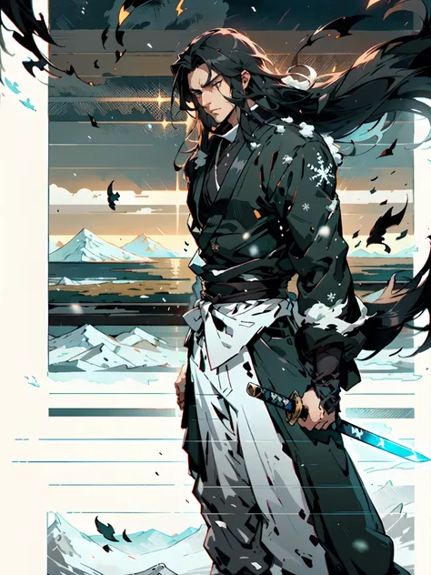 A young man with long hair, half-black and half-white long hair, hlfcol haired, black and white hair, sharp eyes, a confident expression, a heroic countenance, he wears a flowing two-piece martial arts-style robe, matching loose trousers, holding a slender...